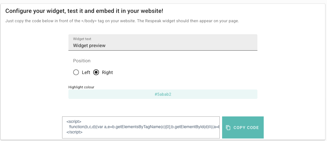 Configuring the website widget: label, position, highlight colour, and embed code