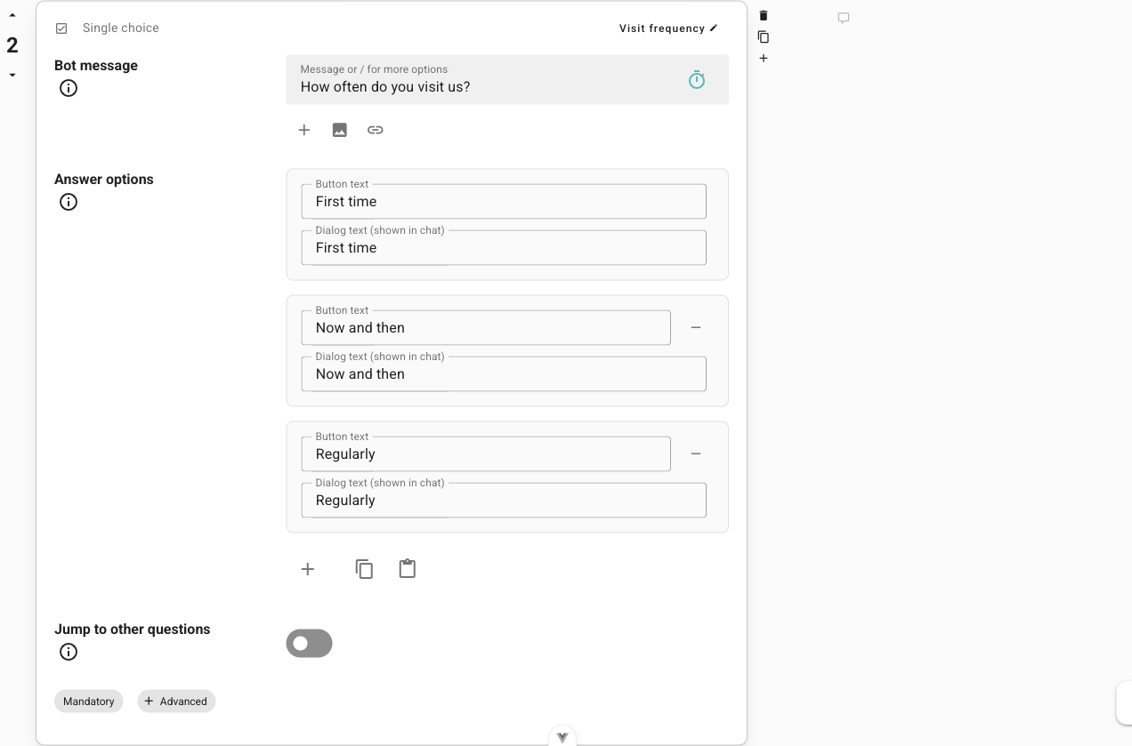 A single-choice block with its bot message, answer options, and jump settings
