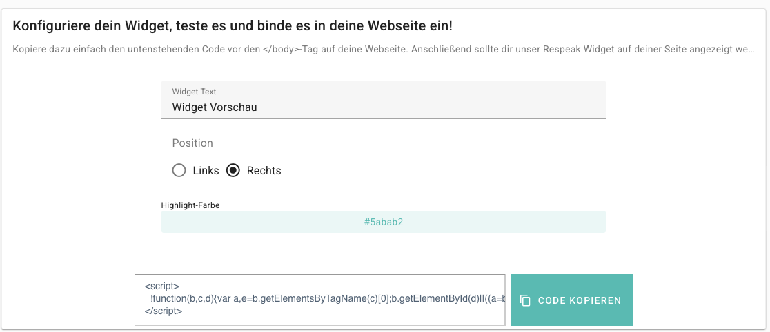 Das Website-Widget konfigurieren: Beschriftung, Position, Highlight-Farbe und Einbettungscode
