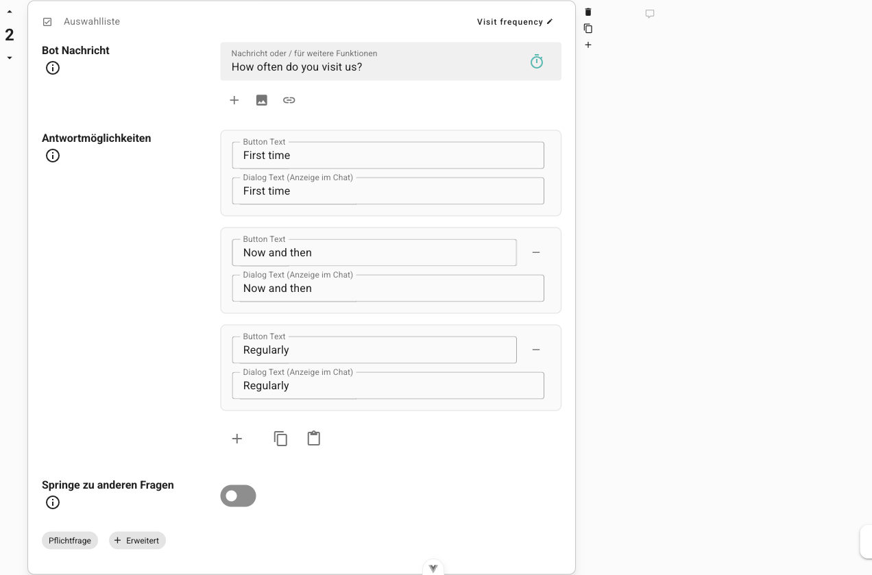 Ein Auswahllisten-Block mit Bot Nachricht, Antwortmöglichkeiten und Sprung-Einstellungen