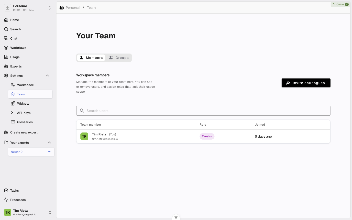 The Team management page showing workspace members with roles and an Invite colleagues button