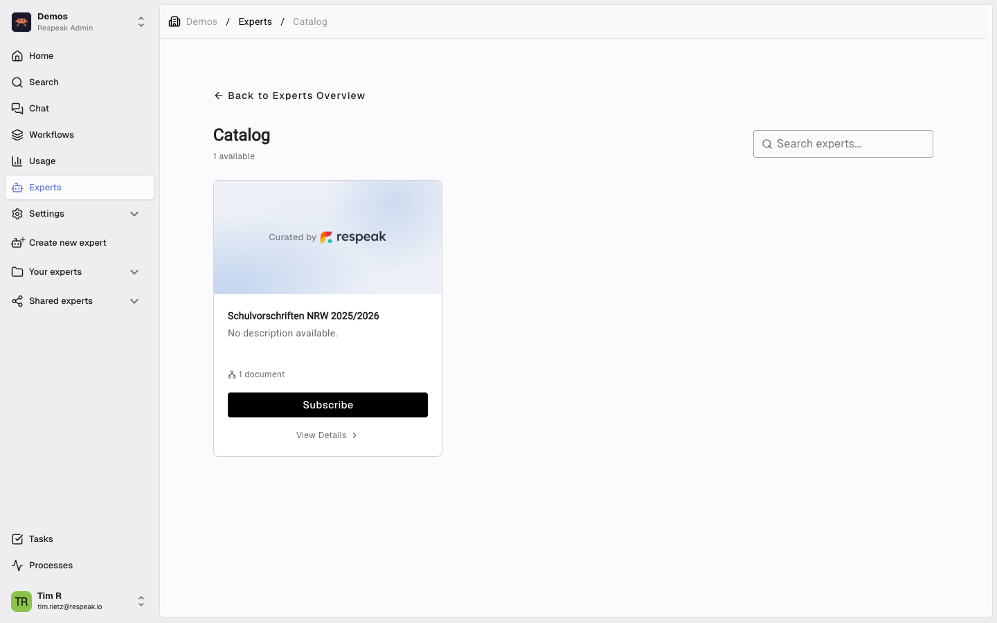 The Expert Catalog with a card per curated expert