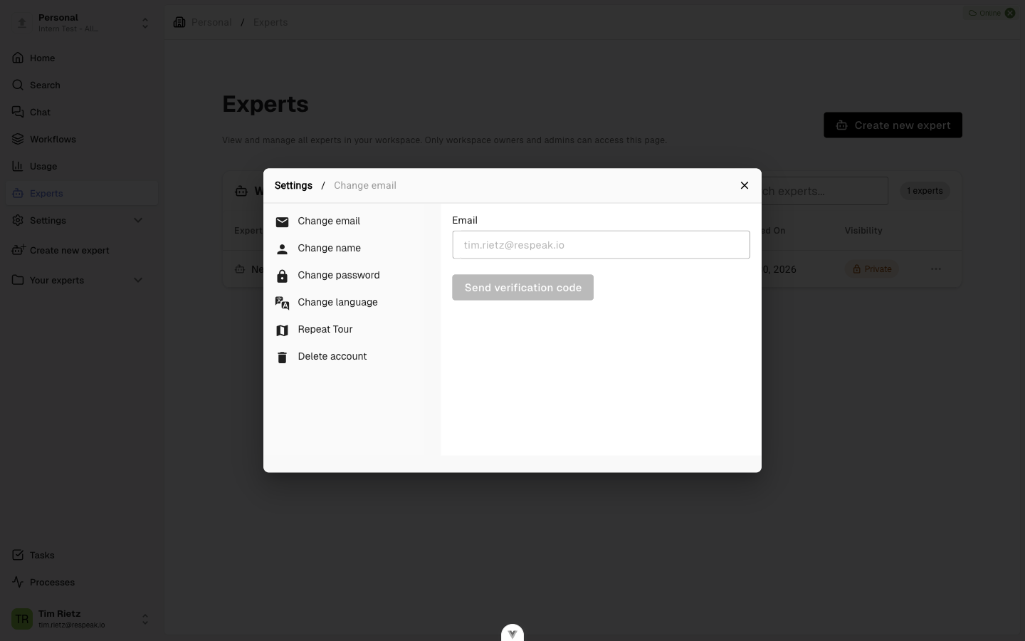 The user settings dialog showing options for email, name, password, language, tour, and account deletion