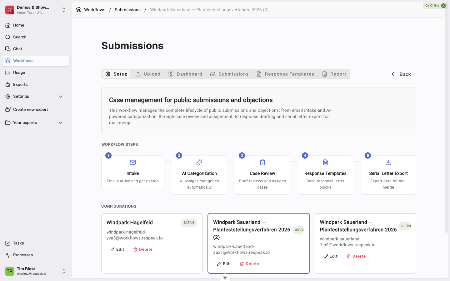 The Submissions workflow setup with the workflow steps overview and configurations list