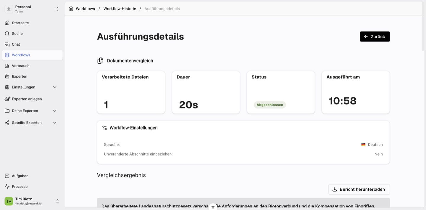 Übersicht der Ausführung mit verarbeiteten Dateien, Dauer, Status und gewählter Berichtssprache