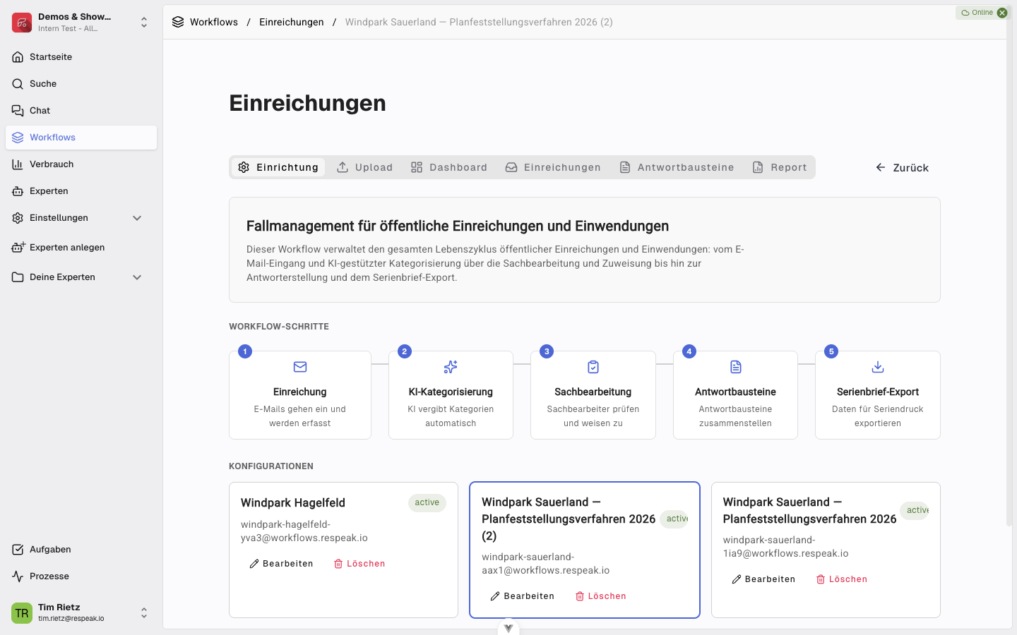 Die Einrichtungsseite des Einreichungen-Workflows mit Workflow-Schritten und Konfigurationsliste