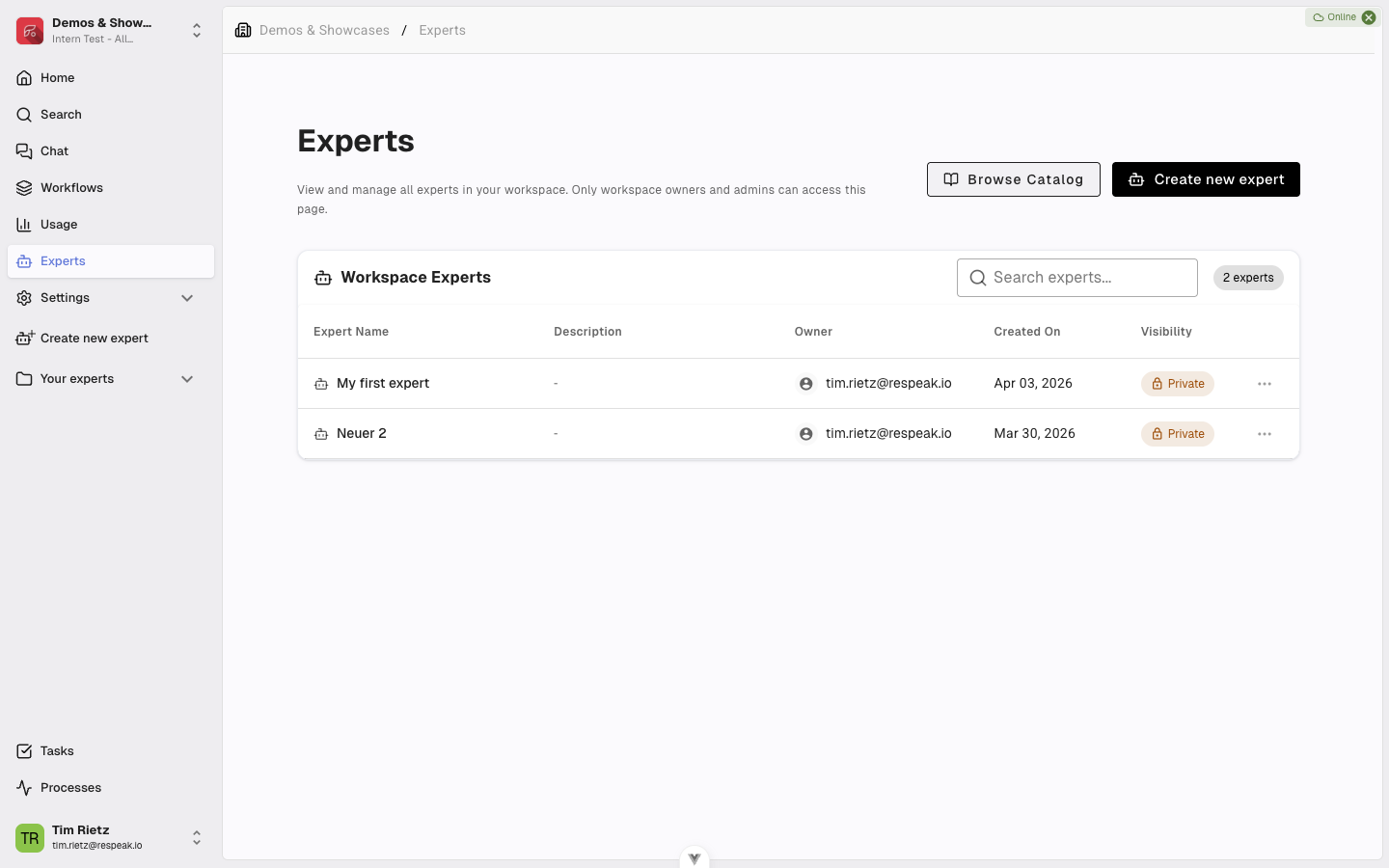 The Experts page with the Browse Catalog button in the top-right corner