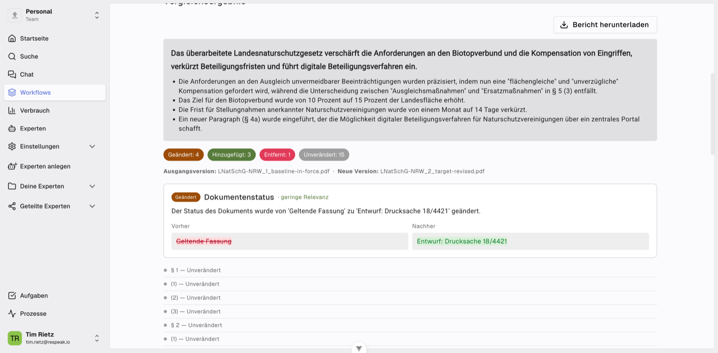 Der Vergleichsbericht mit einer Gesamtübersicht und einer Zählung geänderter, hinzugefügter, entfernter und unveränderter Abschnitte